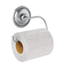 Toilet paper and chrome hanger isolated on white background. 3D illustration