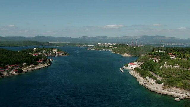 View from San Pedro de la Roca Castle of the Bay of Santiago de Cuba. Sierra Maestra mountain range on the background