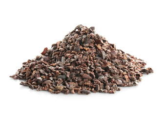 Heap of cocoa nibs on white background