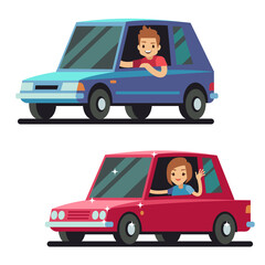 Young happy man and woman driver driving cars flat vector concept