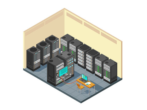Isometric network server room with row of computer equipments