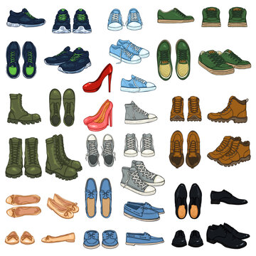 Vector Set of 37 illustrations - Cartoon Color Shoe Items.