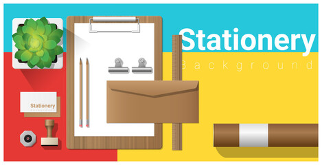 Stationery scene with office equipment on colorful background , vector , illustration