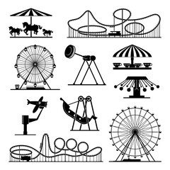 Vector icons of different attractions in amusement park