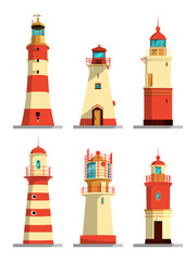 Lighthouses in different styles. Vector cartoon illustrations set
