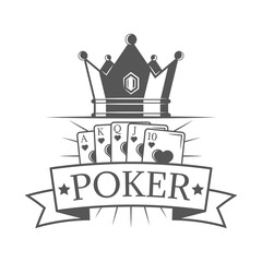 Poker of vector vintage emblem, label, badge and logo with crown and set cards in monochrome style