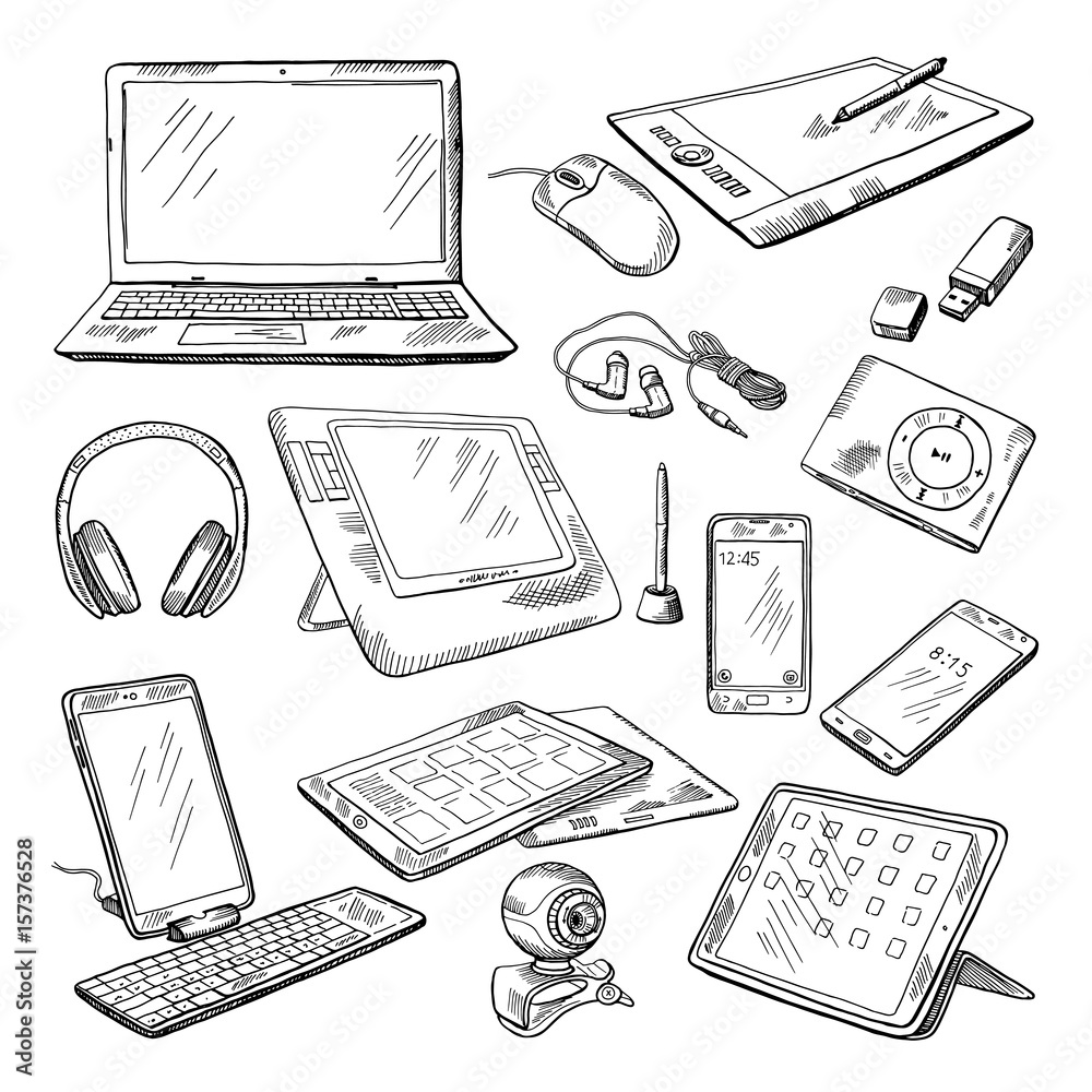 Wall mural different computer gadgets. doodle vector illustrations isolate on white