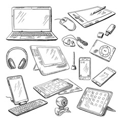 Different computer gadgets. Doodle vector illustrations isolate on white © ONYXprj