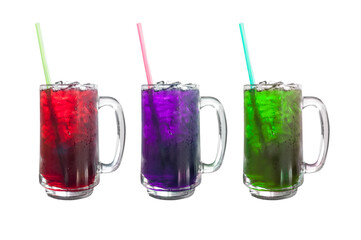 Fresh sweet water colourful bright and ice in glass isolated on white background,Summer drinks with ice