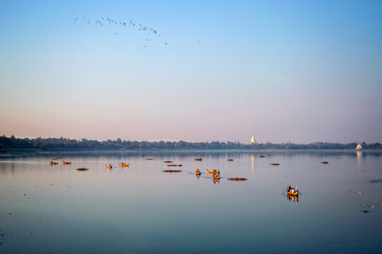 Boats on the Taungthaman Lake in Amarapura, Mandalay, Myanmar