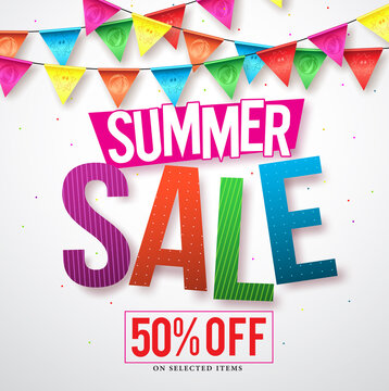 Summer sale vector banner design with colorful streamers hanging in white background for seasonal discount promotion. Vector illustration.
