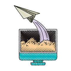 colored crayon silhouette of lcd monitor and paper plane vector illustration