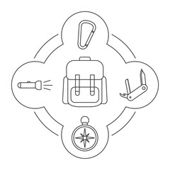 Tourist's backpack contents linear icons set