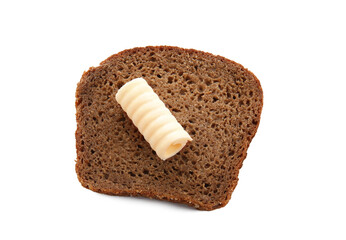 Slice of bread with butter curl on white background
