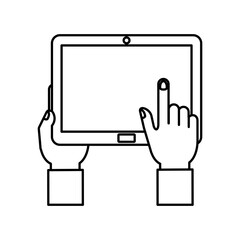 Obraz premium hands holding a tablet device icon over white background. vector illustration