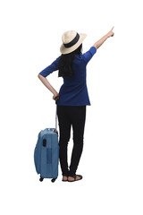 Young asian woman traveler with hat carrying suitcase
