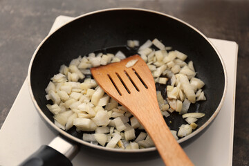 Frying pan with chopped onion, closeup