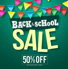 Obraz premium Back to school sale vector design with colorful streamers hanging and sale text in green background for educational promotion. Vector illustration. 