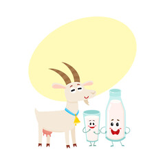 Funny farm goat and milk bottle characters with smiling human faces, cartoon vector illustration with space for text. Cute and funny goat and milk bottle characters, standing and smiling
