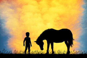 kid and horse at sunset