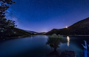 amazing night sky stars lake landscape with milky way on mountain background