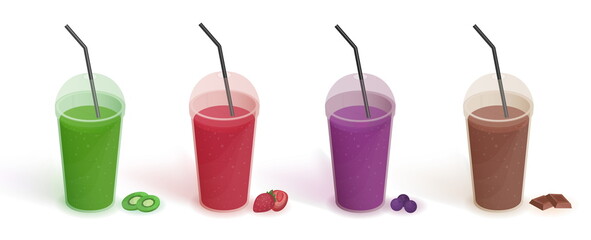 Set of different drinks in plastic cup with lid and straws. Smoothies with blueberries, strawberries, kiwi, chocolate. Realistic vector colorful illustration collection on white background.