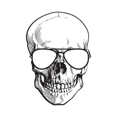 Hand drawn human skull wearing black and white aviator sunglasses, sketch style vector illustration isolated on white background. Realistic hand drawing of skull wearing sunglasses