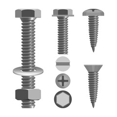 Bolts and nuts with different screw heads types realistic vector illustration