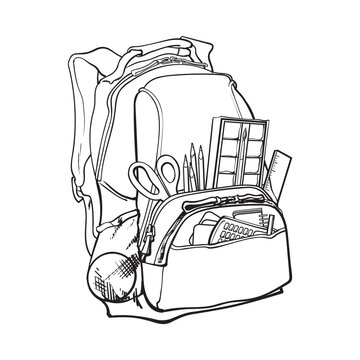 Schoolbag or backpack with different school supplies stationery flying from  it Line drawing vector isolated illustration.Backpack with school supplies  black and white sketch 12248257 Vector Art at Vecteezy