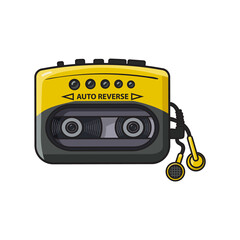 Old fashioned, retro black and yellow audio player, walkman from 90s, sketch vector illustration isolated on white background. Front view of hand drawn audio player, walkman with ear buds, head phones - obrazy, fototapety, plakaty