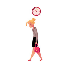 Young tired businesswoman, going home after work, clock showing time, cartoon vector illustration isolated on white background. Businesswoman, business woman sad, tired, going home from work late