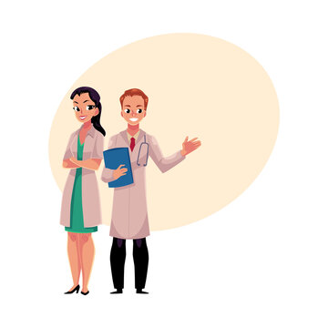 Male and female doctors in white medical coats, woman with folded arms, man holding folder, cartoon vector illustration with space for text. Full length portrait of two doctors