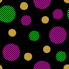 Seamless pattern with golden glitter circles and colored stripes circles on a black background. It can be used for printing on fabric, design, wrapping paper