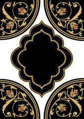 Greeting background with Arabic pattern Islamic holidays of Ramadan, Eid al-Fitr, Eid al-Adha and other. Vector illustration. Black, white and Golden color.