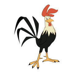 funny cartoon cock, comic rooster character, vector illustration
