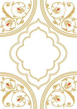 Greeting background with Arabic pattern Islamic holidays of Ramadan, Eid al-Fitr, Eid al-Adha and other. Vector illustration. White and Golden color.