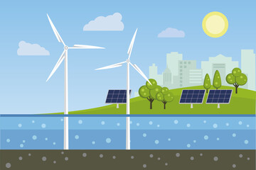 Wind turbines and solar panels. Ecological energy. Vector illustration.