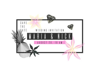 Fashionable wedding card with tropical plants.
