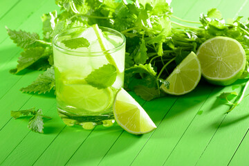 A glass of lemonade with lime and mint