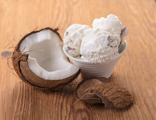 Coconut ice cream in a bowl