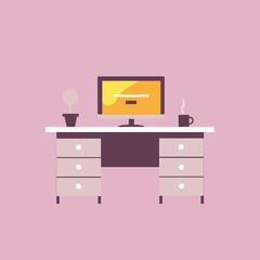 Flat design concept of workspace with computer on background.