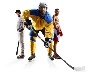 Multi sports collage ice hockey baseball boxing isolated on white