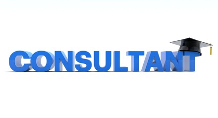 3D illustration of Consultant text wearing a graduation hat