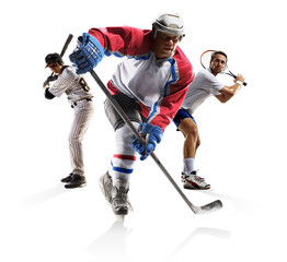 Fototapeta na wymiar Multi sports collage ice hockey baseball tennisisolated on white