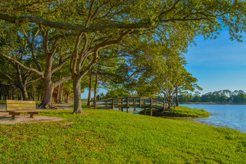 A beautiful day for a walk and the view of the wood bridge to the island at John S. Taylor Park in Largo, Florida.