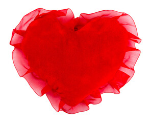 Pillow in the shape of heart, framed by ribbon isolated on white 