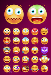 Set of Cute Emoticons on Black Background . Isolated Vector Illustration 