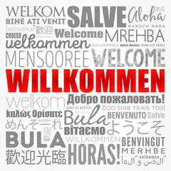 Willkommen (Welcome in German) word cloud in different languages, conceptual background