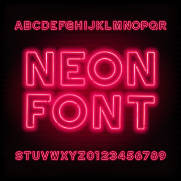 Neon tube alphabet font. Red color type letters and numbers. Vector typeface for headlines, posters, etc.