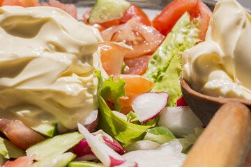 colourful spring fresh vegetable salad with vegetable garden